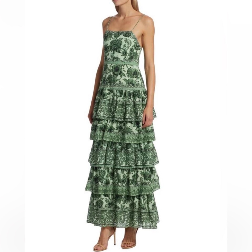 Alice + Olivia Green Floral Tiered Maxi Dress
